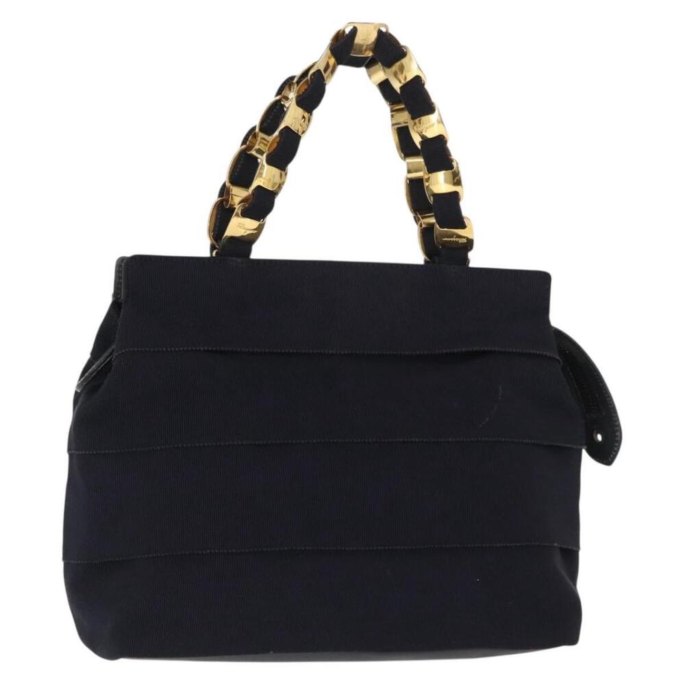 Salvatore Ferragamo Vala Hand Bag Canvas Navy Gold Auth gh1482